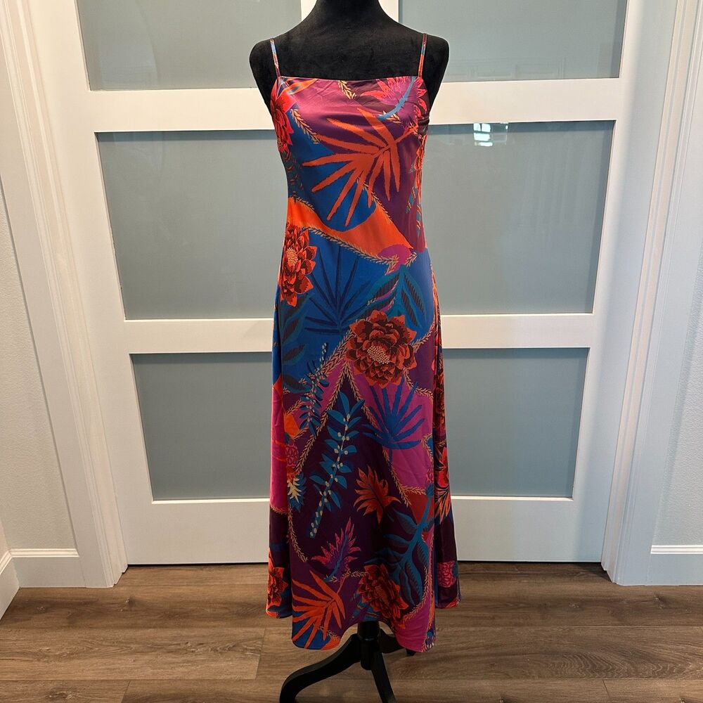 Joie Floral Print Pink Blue Orange Spaghetti Strap Satin Slip Midi Dress Sz S/P